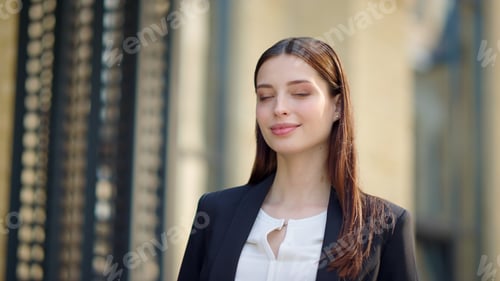 Preview: Portrait Of Beautiful Lady Waiting For Courier Near Building. Pretty Business Woman Taking Paper