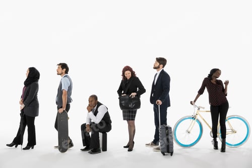 Preview: Business People Commuting, Waiting In A Row In Queue Against White Background