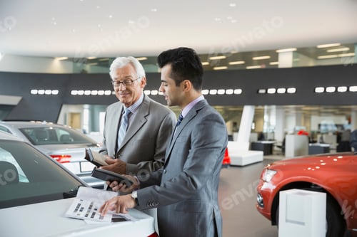 Preview: Salesman And Man With Brochure In Car Showroom