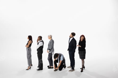 Preview: Business People Waiting In A Row, Tying Shoe In Queue Against White Background