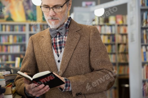 Preview: Man In Bowtie Reading Book In Bookstore