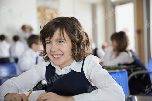 Visualização: Menina sorridente da escola na sala de aula