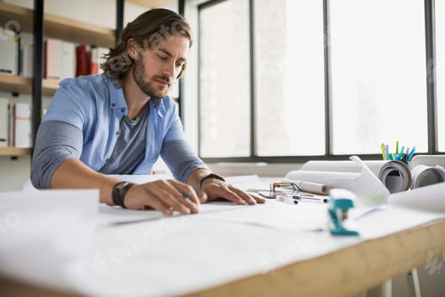 Preview: Architect Drafting Blueprints At Table