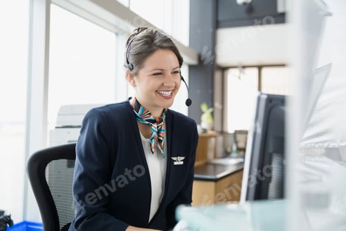 Preview: Flight Attendant With Headset At Computer In Airport