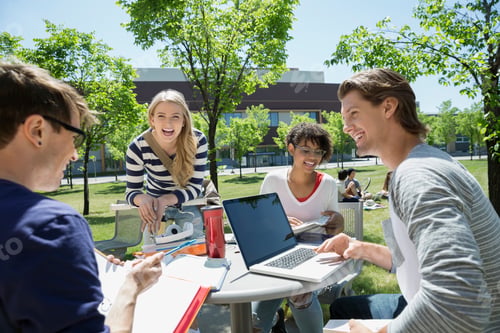 Preview: Laughing College Students Studying Table On Sunny Campus