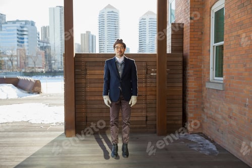 Preview: Fashionable Quirky Man Jumping Outdoors