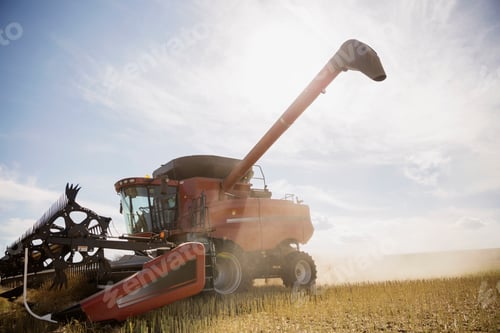 Visualização: Combine Harvester Working In Sunny Crop Field