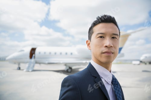 Preview: Portrait Of Businessman On Tarmac With Corporate Jet