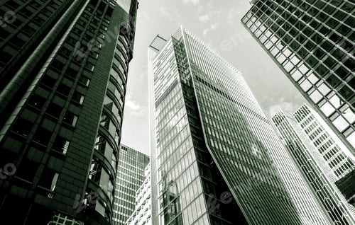 Preview: Downtown Corporate Business District Architecture, Glass Reflective Office Buildings With Green Tone