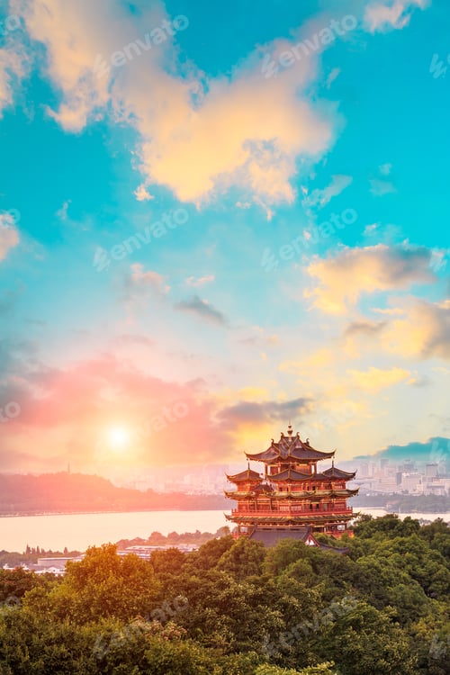 Preview: Beautiful Hangzhou West Lake And Ancient Pavilion Architectural Scenery At Sunset