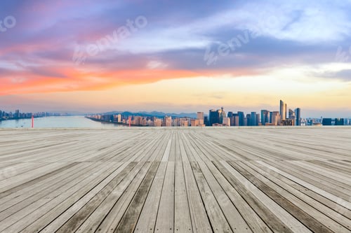 Preview: Wooden Square And City Skyline At Sunrise In Hangzhou,High Angle View