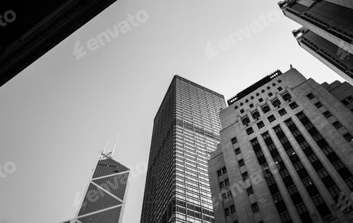 Preview: Bottom Up View Of Modern Office Building In Hong Kong With B&W Color