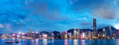 Preview: Hong Kong Victoria Harbor Night View With Junk Boat On Foreground
