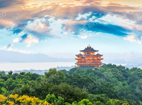 Preview: Beautiful Hangzhou West Lake And Ancient Pavilion Architectural Scenery At Sunset