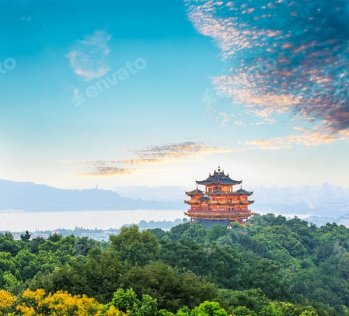 Preview: Beautiful Hangzhou West Lake And Ancient Pavilion Architectural Scenery At Sunset