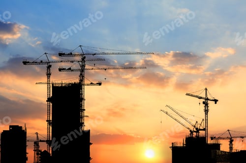 Preview: Beautiful Urban Construction Site Silhouettes At Sunset