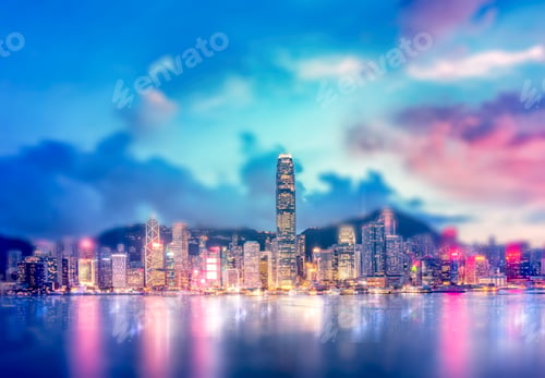 Preview: Abstract Bokeh Light With Hong Kong City Night View Background; Double Exposure