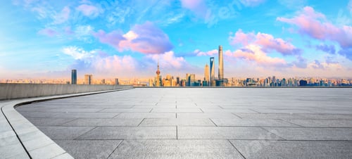 Preview: Empty Square Floor And Shanghai Skyline With Buildings At Sunset,China.High Angle View.