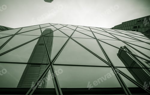 Preview: Downtown Corporate Business District Architecture, Glass Reflective Office Buildings With Green Tone
