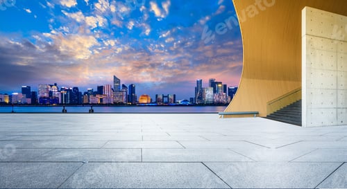 Preview: Empty Square Floor And Beautiful City Night View In Hangzhou