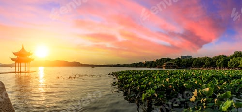 Preview: Chinese Ancient Pavilion On The West Lake In Hangzhou,Panoramic View
