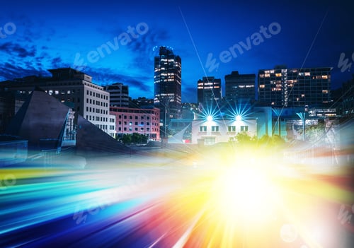 Preview: Abstract Colorful Circular Bokeh With City Background. Double Exposure