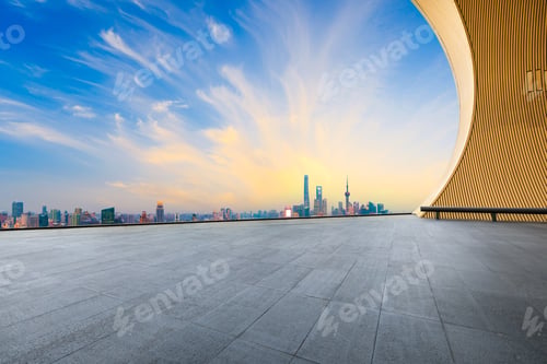 Preview: Empty Square Floor And Modern City Skyline In Shanghai At Sunset,High Angle View