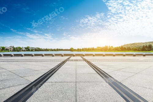 Preview: Empty Square Floor And Apartment Building With Cloud Landscape In The City Suburbs
