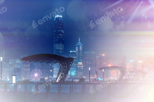 Preview: Abstract Colorful Bokeh With City Night Background. Double Exposure