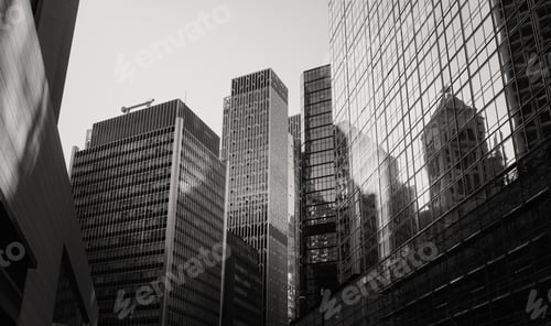 Preview: Bottom Up View Of Modern Office Building In Hong Kong With B&W Color