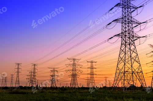 Preview: High Voltage Electricity Tower Sky Sunset Landscape,Industrial Background.
