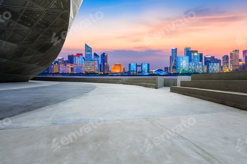 Preview: Empty Square Floor And Beautiful City Night View In Hangzhou
