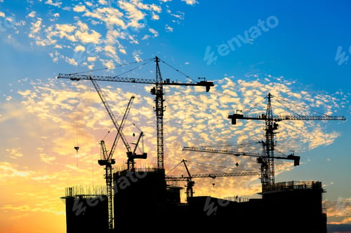 Preview: Beautiful Urban Construction Site Silhouettes At Sunset