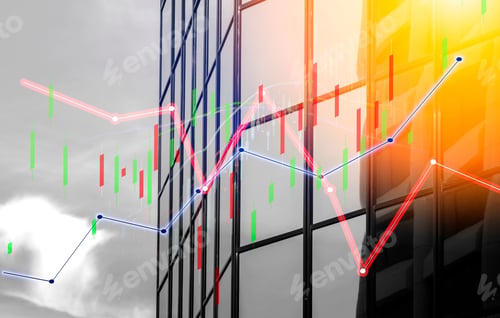 Preview: Index Graph Chart With Buildings Background Double Exposure. Financial Research Concept.