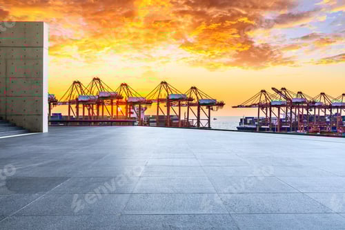 Preview: Empty Square Floor And Industrial Container Terminal At Beautiful Sunset In Shanghai.