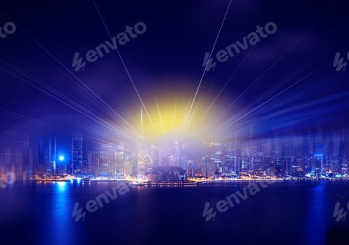 Preview: Abstract Colorful Circular Bokeh With City Background. Double Exposure