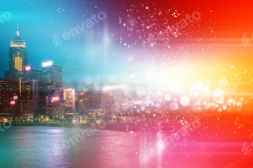 Preview: Abstract Colorful Circular Bokeh With City Background. Double Exposure