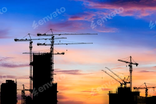 Preview: Beautiful Urban Construction Site Silhouettes At Sunset