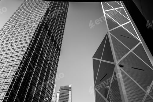 Preview: Bottom Up View Of Modern Office Building In Hong Kong, Black And White Color