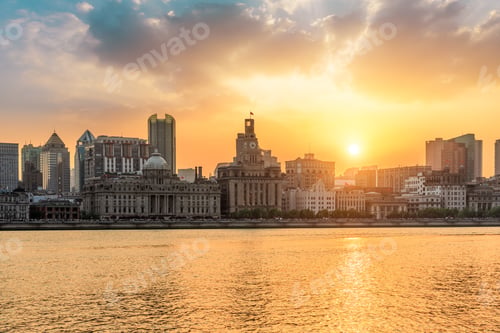Preview: Beautiful City Skyline Sunset Scene At The Bund,Shanghai
