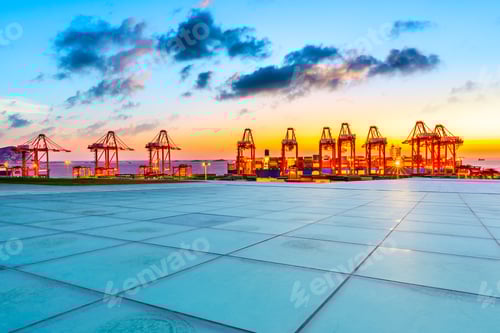 Preview: Empty Square Floor And Industrial Container Terminal At Beautiful Sunset In Shanghai.