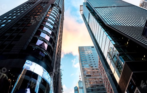 Preview: Windows Of Skyscraper Business Office With Blue Sky, Corporate Building In Hong Kong