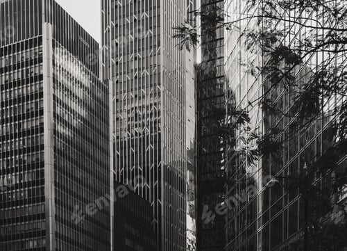 Preview: Bottom Up View Of Modern Office Building In Hong Kong With B&W Color