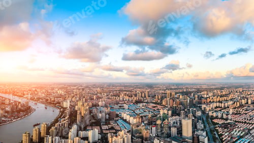 Preview: Aerial View Of Shanghai Skyline At Sunset,China.