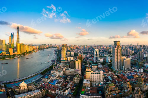 Preview: Aerial View Of Shanghai Skyline At Sunset,China.