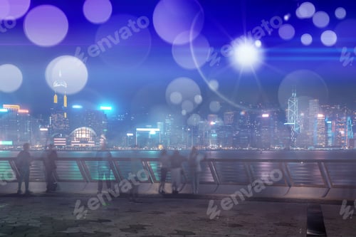 Preview: Abstract Colorful Bokeh With City Night Background. Double Exposure