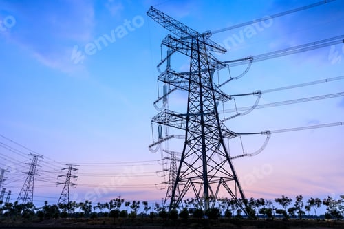 Preview: High Voltage Electricity Tower Sky Sunset Landscape,Industrial Background.