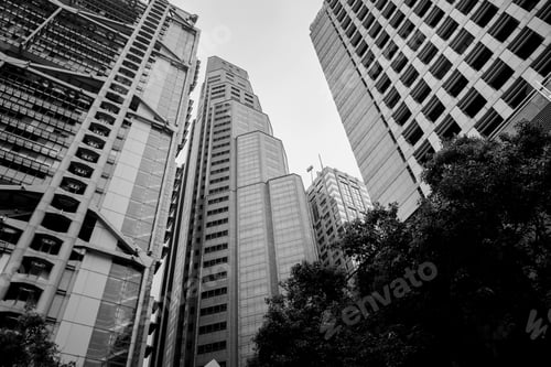 Preview: Business Buildings In Hong Kong; Low Angle View; Black And White Style