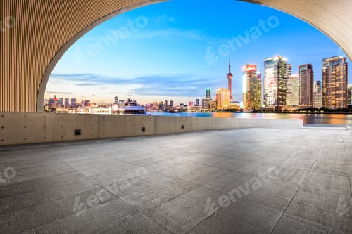 Preview: Empty Square Floor And With Cityscape And Skyline At Sunset In Shanghai,China