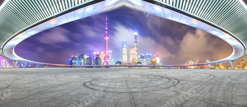 Preview: Empty Asphalt Road And Modern City Landmark Building With Bridge In Shanghai